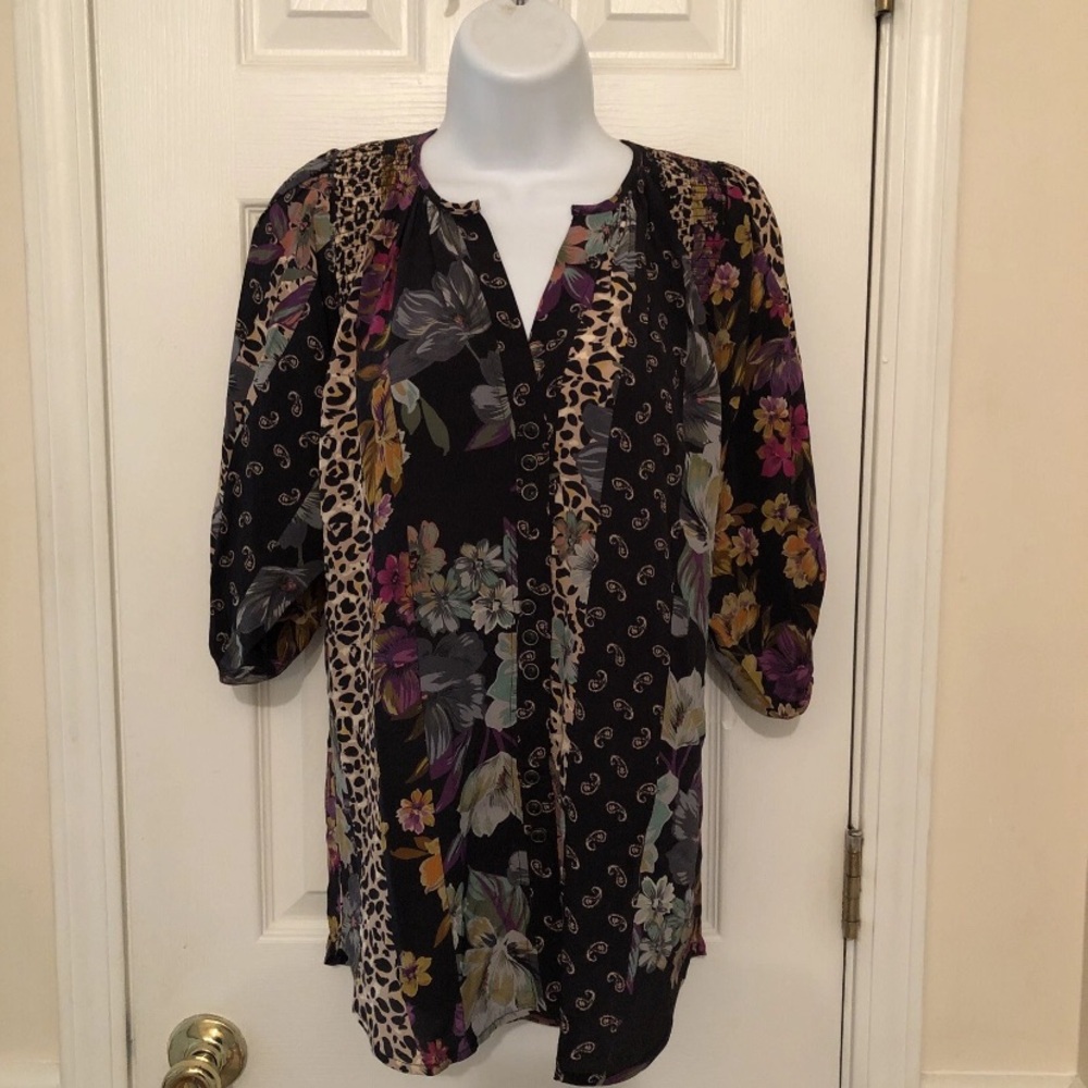Johnny Was Black Multicolor Floral Blouse  XXS 100% SILK Zane Easy Blouse
